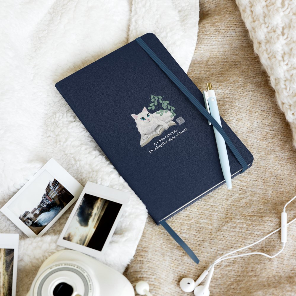 "A White Cat's Tale: Unveiling the Magic of Books" Hardcover bound notebook, 4 colors - PastelWhisper