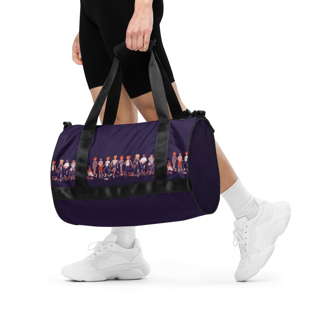 All-over print Blue gym bag, Happy People graphic, duffle bag - PastelWhisper