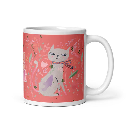 Artistic Cat Mug, A cat with scarf illust Salmon Red on White glossy mug, 11oz, 15oz, 20oz - PastelWhisper