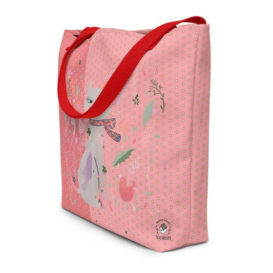 Artistic Large Tote Bag, Scarf Cat illustration, 16"x20", Light Pink Totebag - PastelWhisper