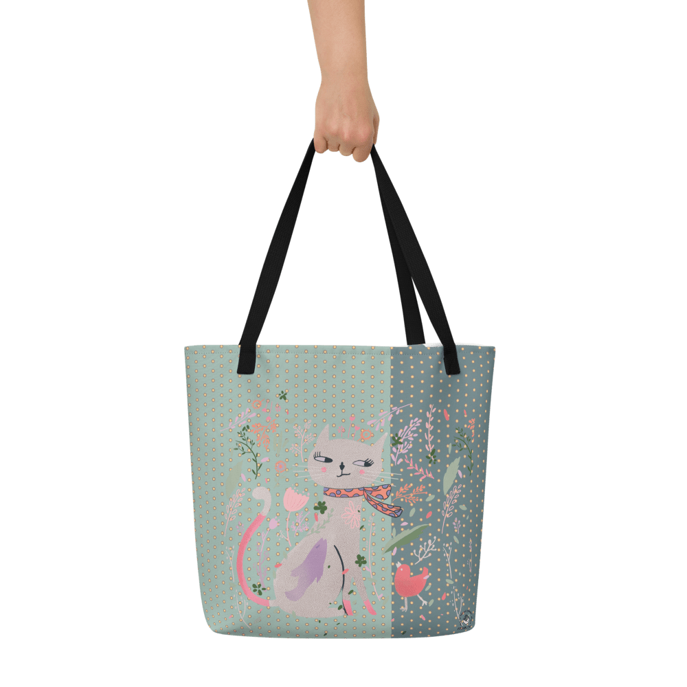 Artistic Large Tote Bag, Scarf Cat illustration, 16"x20", Opal Color Totebag - PastelWhisper