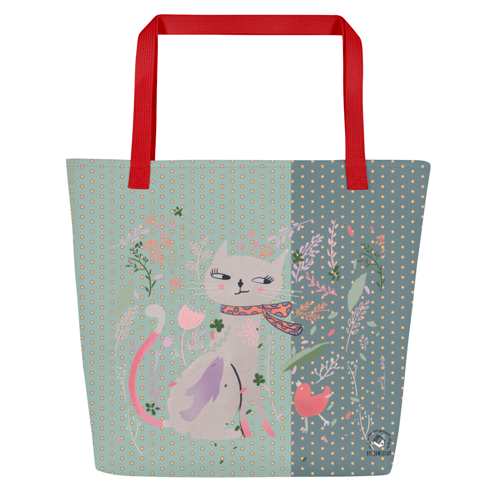 Artistic Large Tote Bag, Scarf Cat illustration, 16"x20", Opal Color Totebag - PastelWhisper
