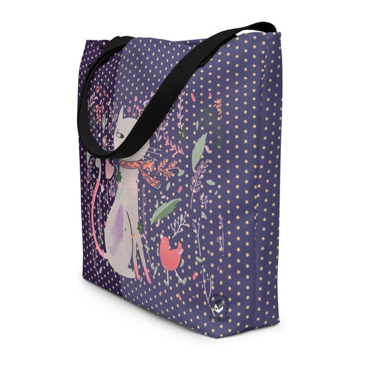 Artistic Large Tote Bag, Scarf Cat illustration, 16"x20", Purple Totebag - PastelWhisper