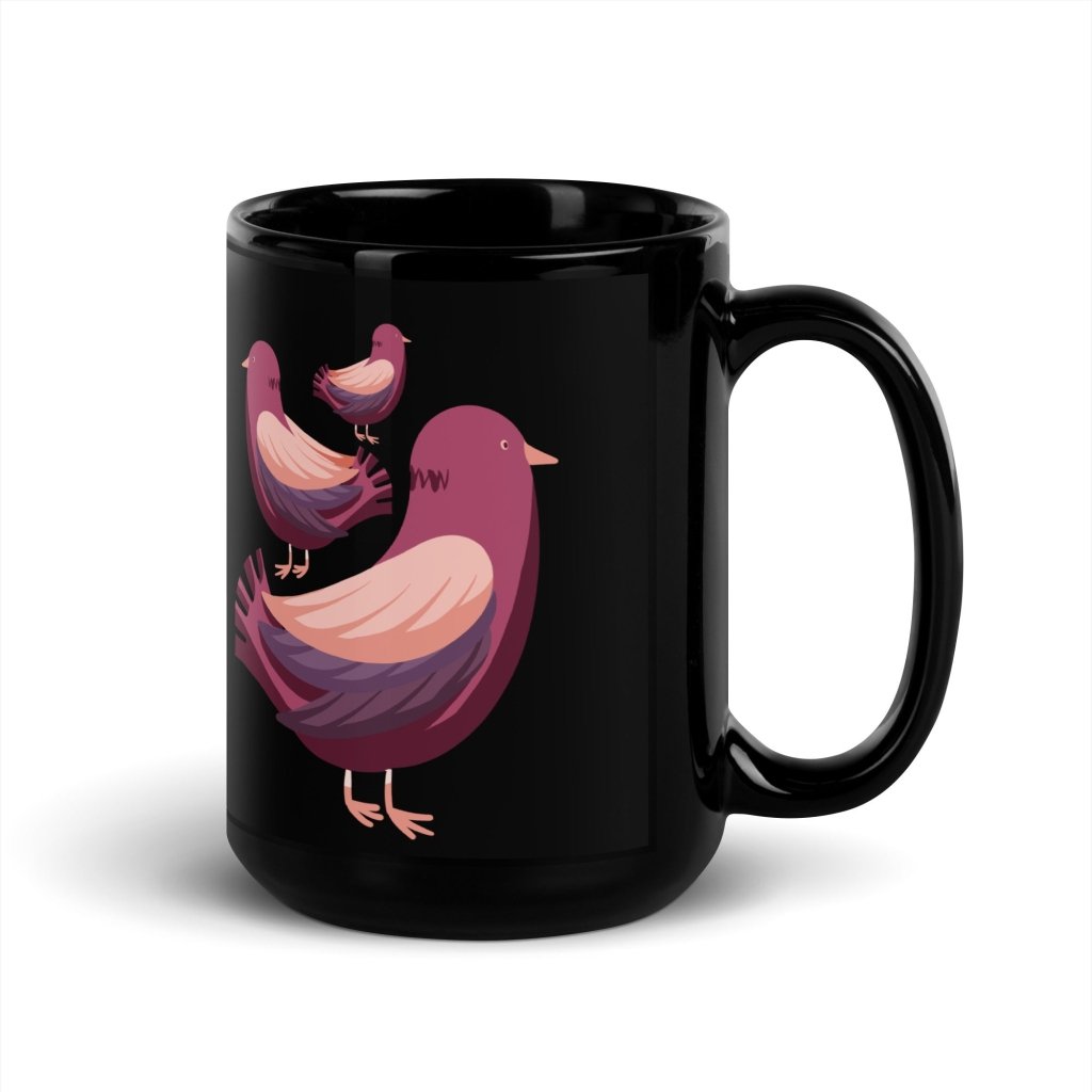Brown Birds Black Mug, Bird Family Glossy Black Cup, Three Little Birds Ceramic Mug, 11 & 15 oz - PastelWhisper
