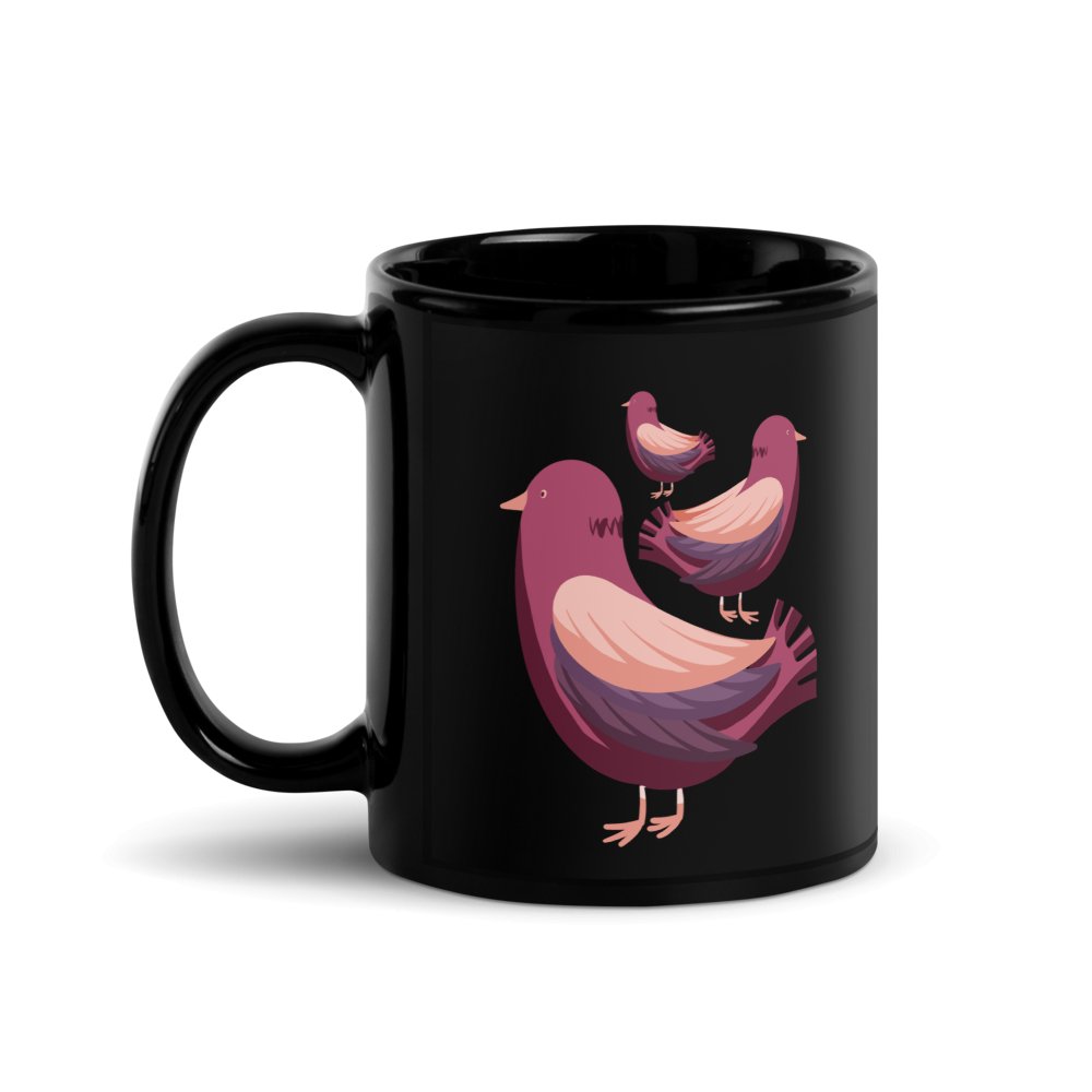 Brown Birds Black Mug, Bird Family Glossy Black Cup, Three Little Birds Ceramic Mug, 11 & 15 oz - PastelWhisper