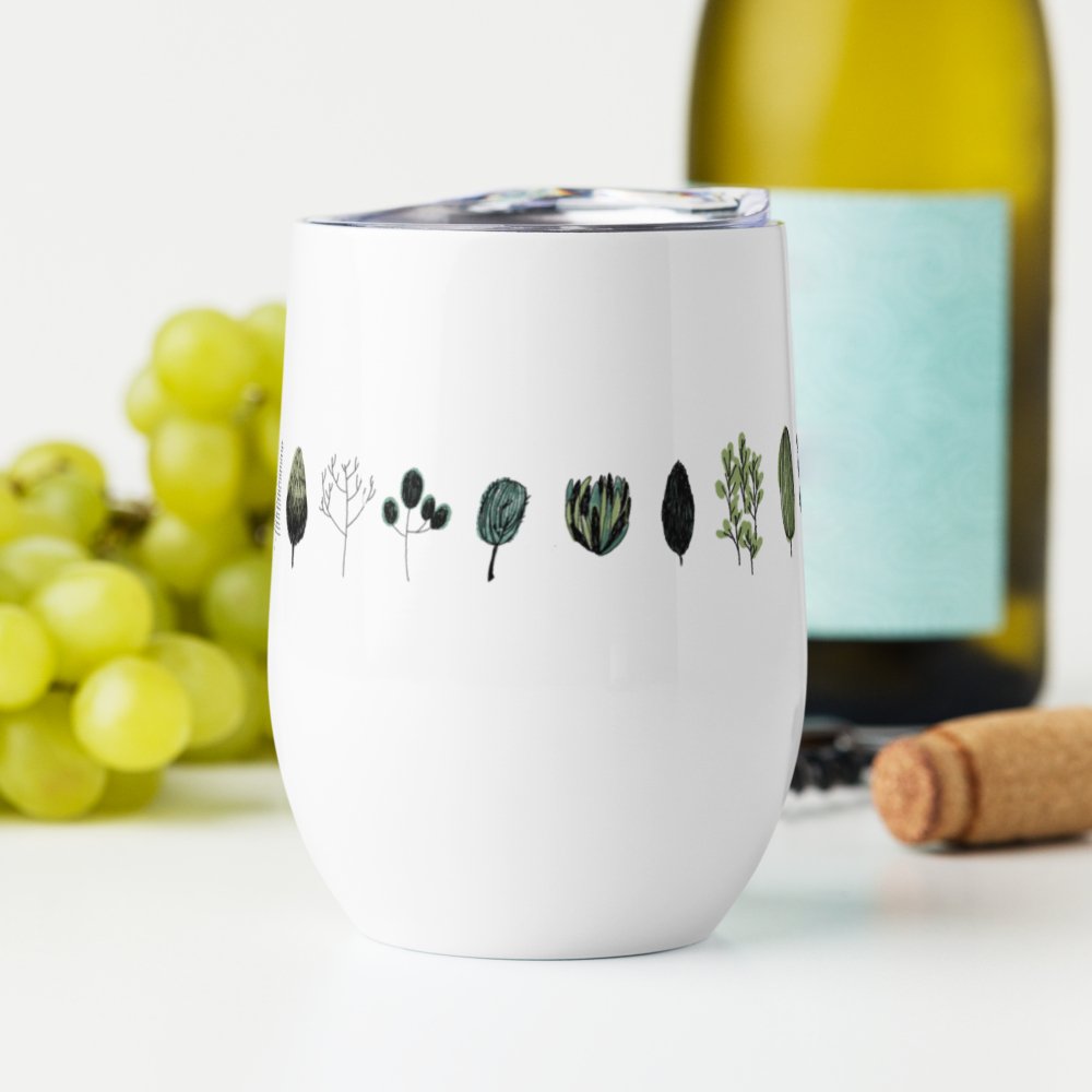 Cat and Trees Design Steel Wine Tumbler, Curved Animal and Plant Art Drinkware, Gift for Nature Lover, White and Green Graphic Cup, 12 oz - PastelWhisper