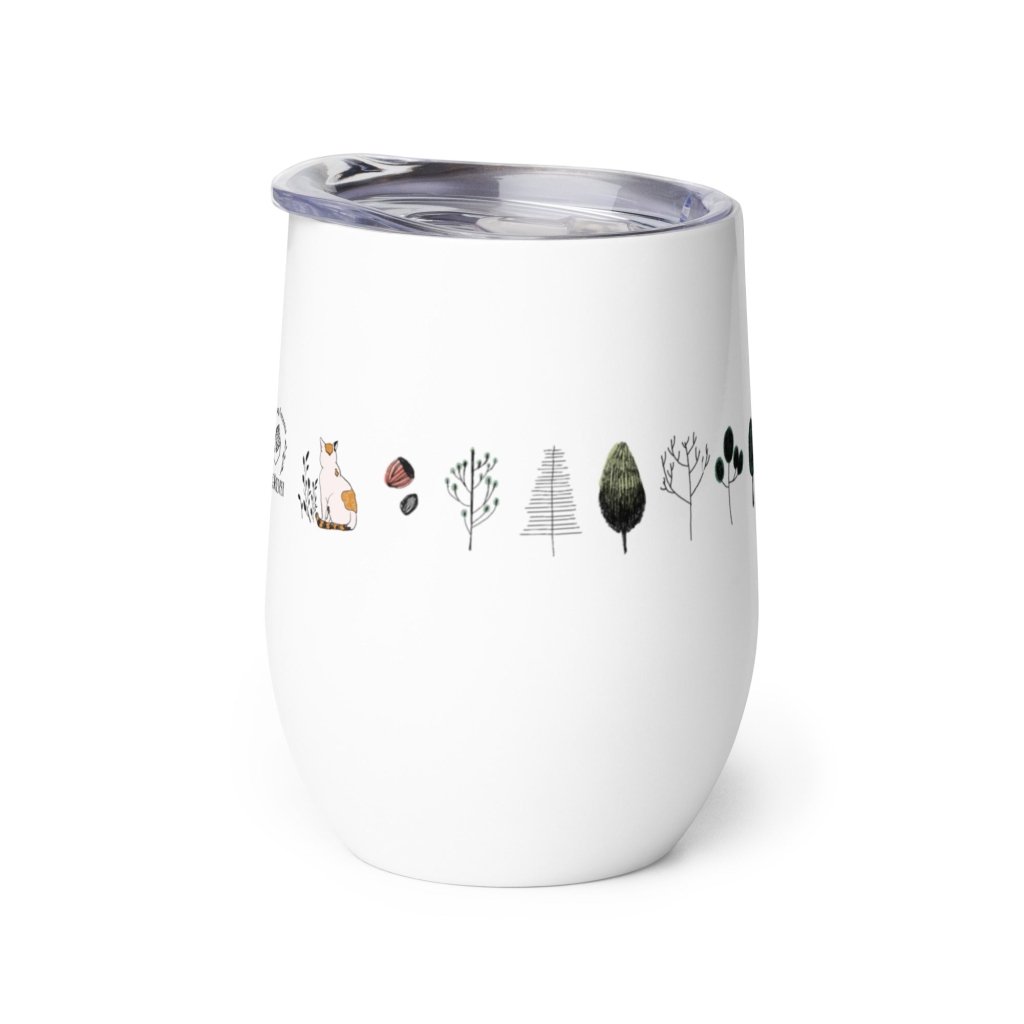 Cat and Trees Design Steel Wine Tumbler, Curved Animal and Plant Art Drinkware, Gift for Nature Lover, White and Green Graphic Cup, 12 oz - PastelWhisper