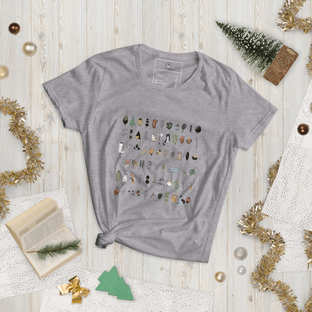 Cotton Short sleeve t-shirt, Cat and Trees illustration, Heather Grey, White - PastelWhisper