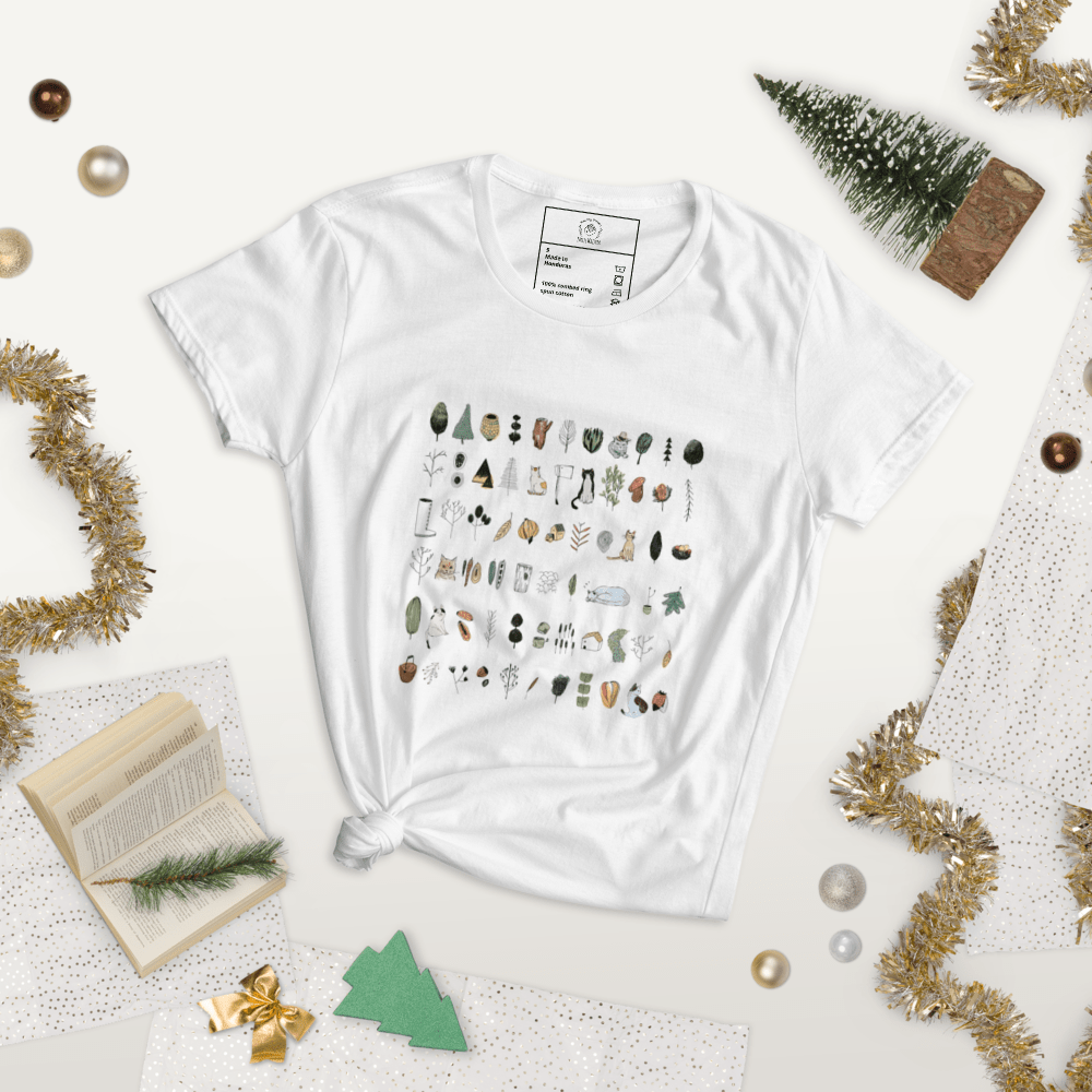 Cotton Short sleeve t-shirt, Cat and Trees illustration, Heather Grey, White - PastelWhisper