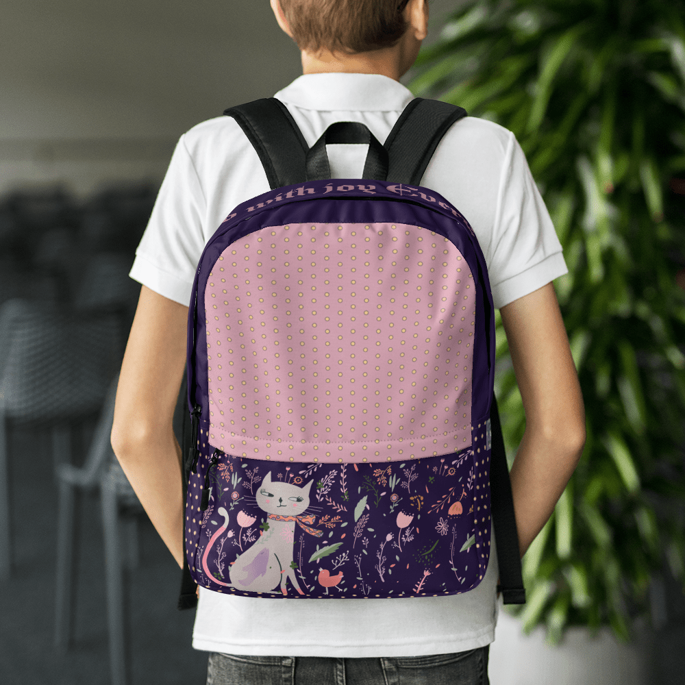 Custom Name Backpack, Scarf Cat Backpack for children, purple, pink backpack - PastelWhisper