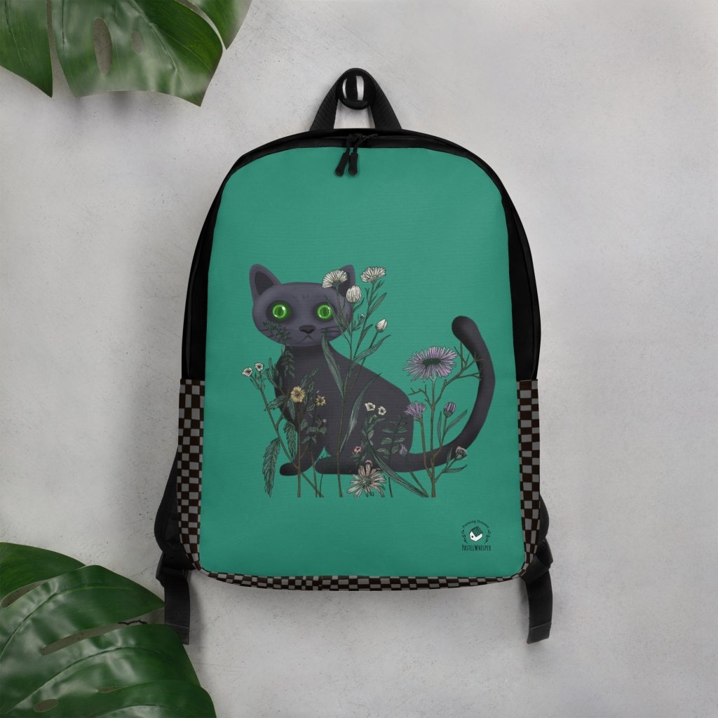 Custom Name, Black Cat Minimalist Green Backpack, Personalized backpack. - PastelWhisper