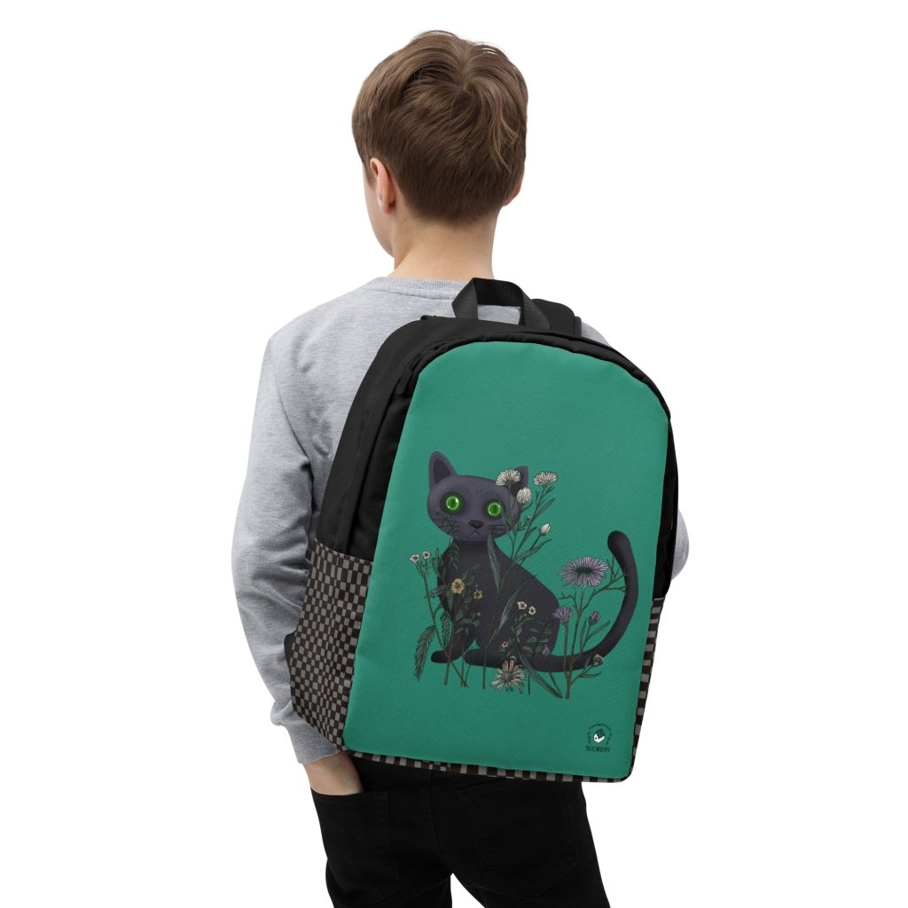 Custom Name, Black Cat Minimalist Green Backpack, Personalized backpack. - PastelWhisper