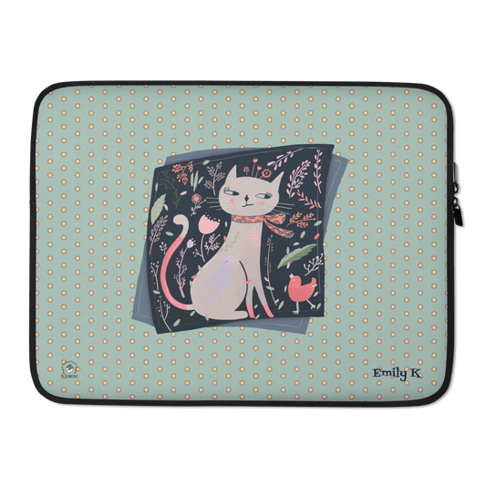 Custom Name Cat with Scarf illust Laptop, Tablet Sleeve, Opal color, 13", 15", Personalized name - PastelWhisper