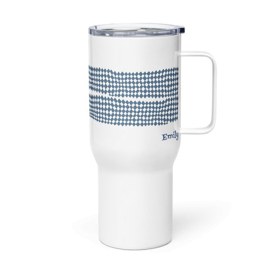 Custom name, Muted Light Blue Harlequin pattern Travel mug with a handle, 25oz, Personalized. - PastelWhisper
