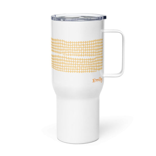 Custom name, Muted Yellow Harlequin pattern Travel mug with a handle, 25oz, Personalized. - PastelWhisper