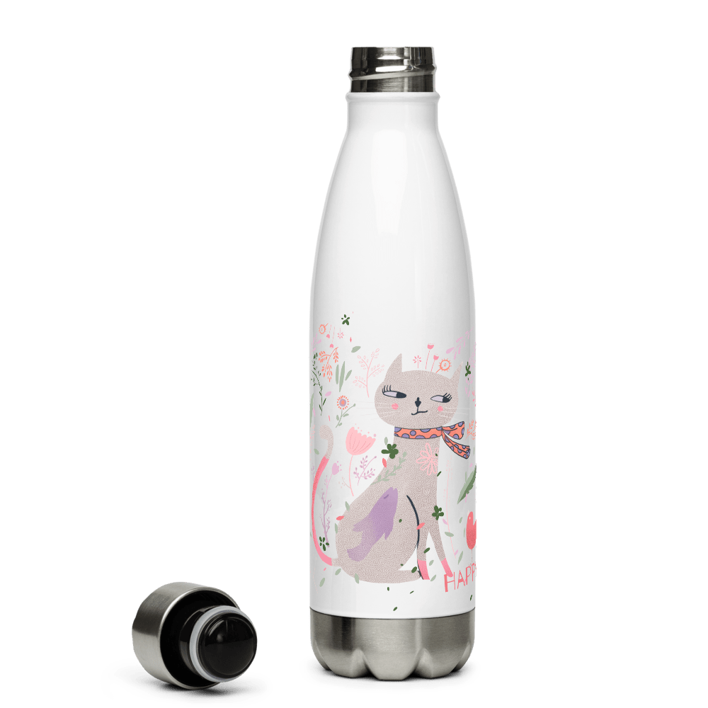 Custom Sentences_Artistic Scarf Cat, White Stainless Steel Water Bottle, 17oz Tumbler - PastelWhisper