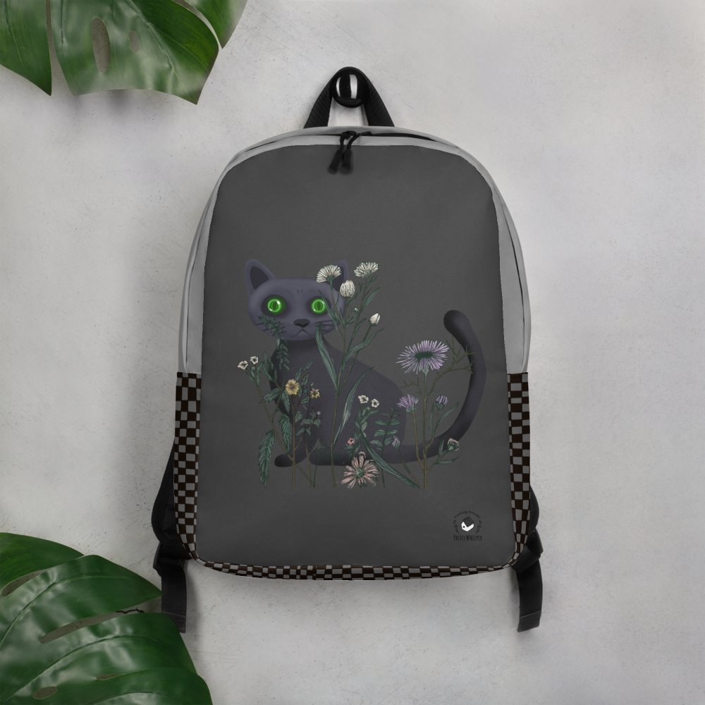 Custom your name Black Cat Minimalist Grey Backpack: Personalized Name - PastelWhisper