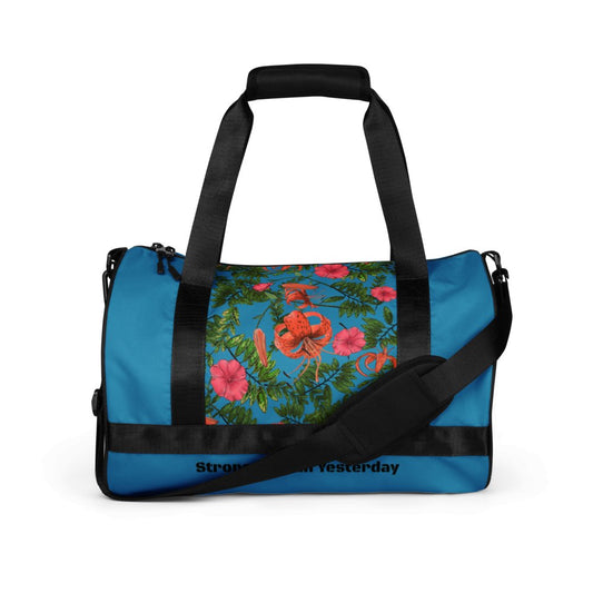 Custom your word_Blue Flower Artistic Duffle Bag, Tigerlily Flower on Blue, All-over print Gym Bag - PastelWhisper