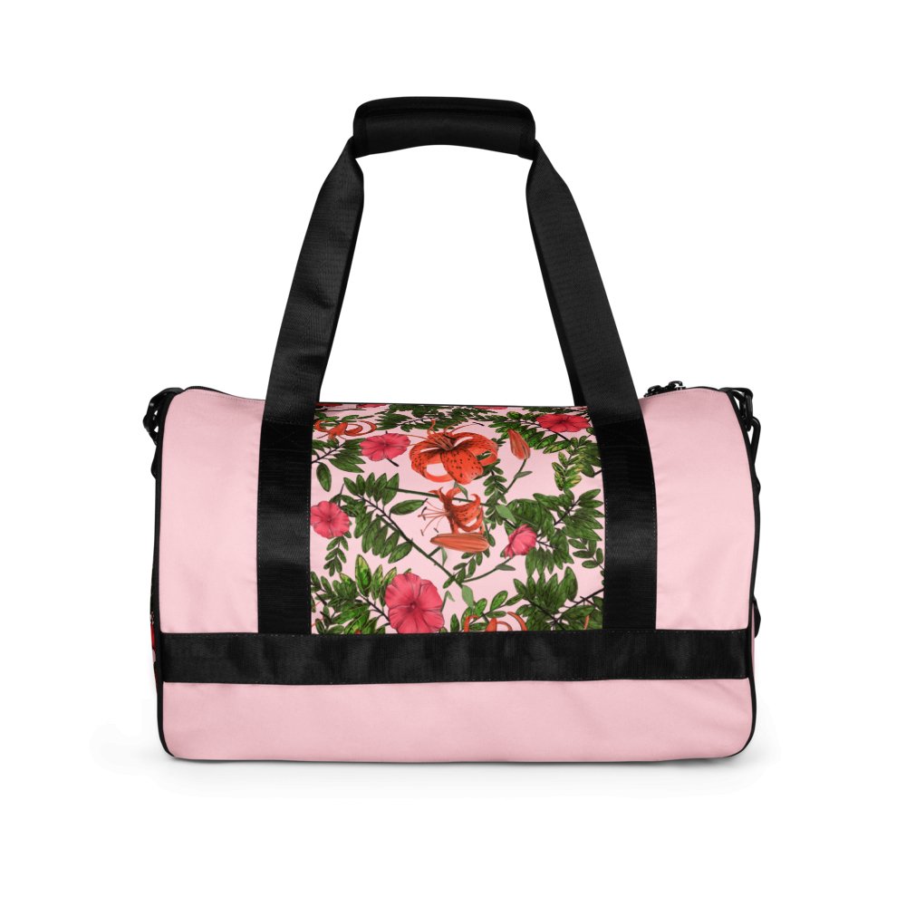 Custom your word_Flower Artistic Duffle Bag, Tigerlily Flower on Pink, All-over print Gym Bag - PastelWhisper