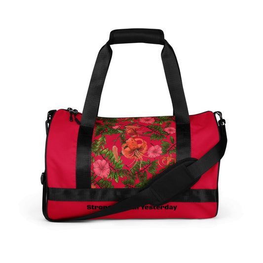 Custom your word_Flower Artistic Duffle Bag, Tigerlily Flower on Red, All-over print gym bag - PastelWhisper