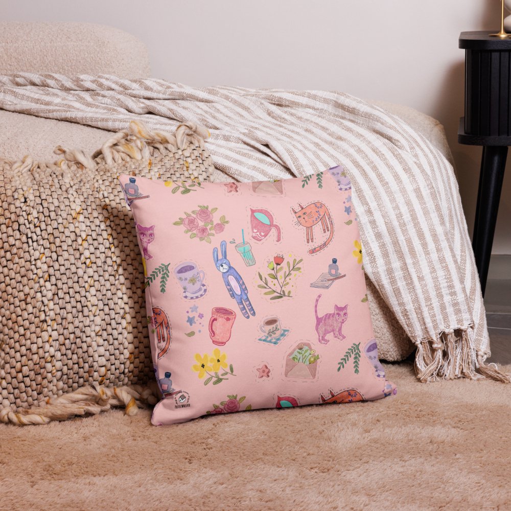Cute Illustration Cosmos Pink Premium Pillow, 18"x18", 20"x12", 22"x22" - PastelWhisper