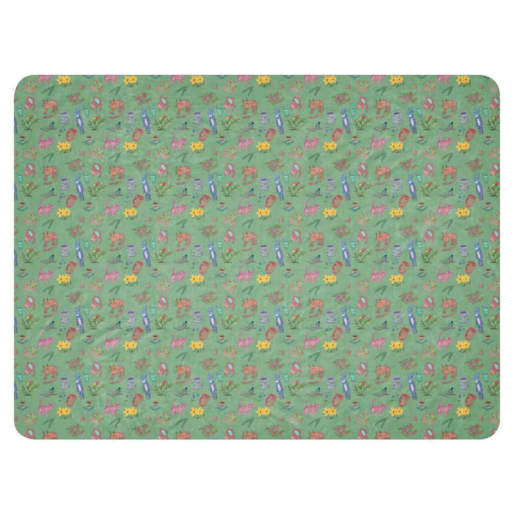 Cute illustration Dark Sea Green color Sherpa blanket, 37"x57", 50"x60", 60"x80", 3 size - PastelWhisper