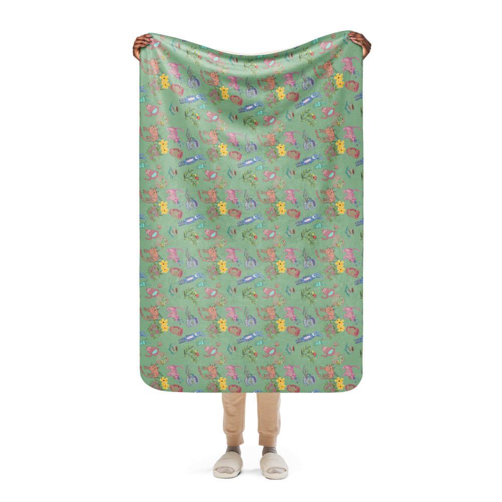Cute illustration Dark Sea Green color Sherpa blanket, 37"x57", 50"x60", 60"x80", 3 size - PastelWhisper