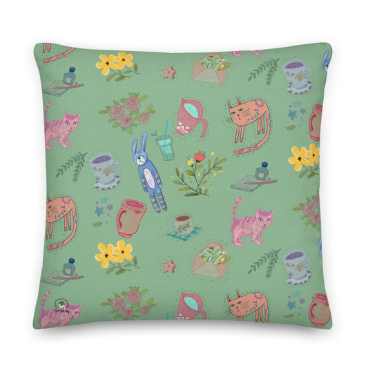 Cute Illustration Dark Sea Green Premium Pillow, 18"x18", 20"x12", 22"x22" - PastelWhisper