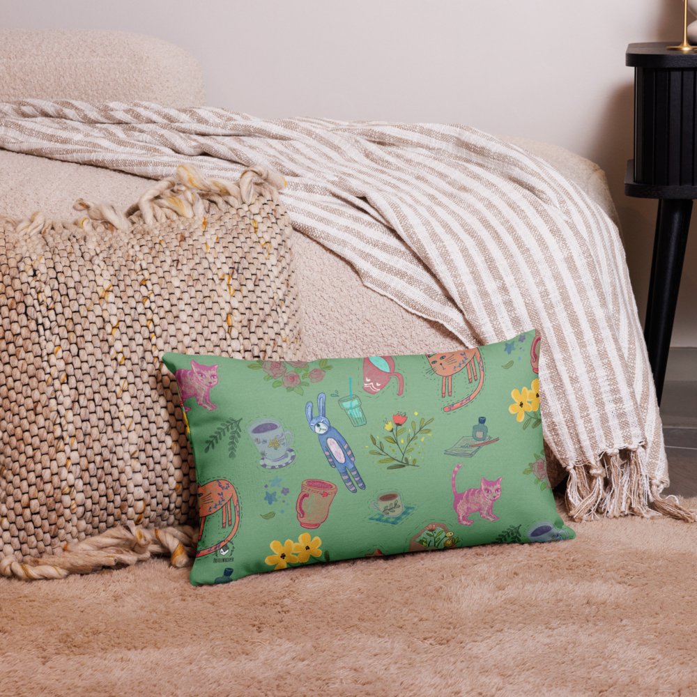 Cute Illustration Dark Sea Green Premium Pillow, 18"x18", 20"x12", 22"x22" - PastelWhisper
