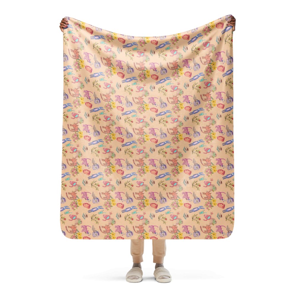 Cute illustration Sandy Beach Orange color Sherpa blanket, 37"x57", 50"x60", 60"x80", 3 size - PastelWhisper