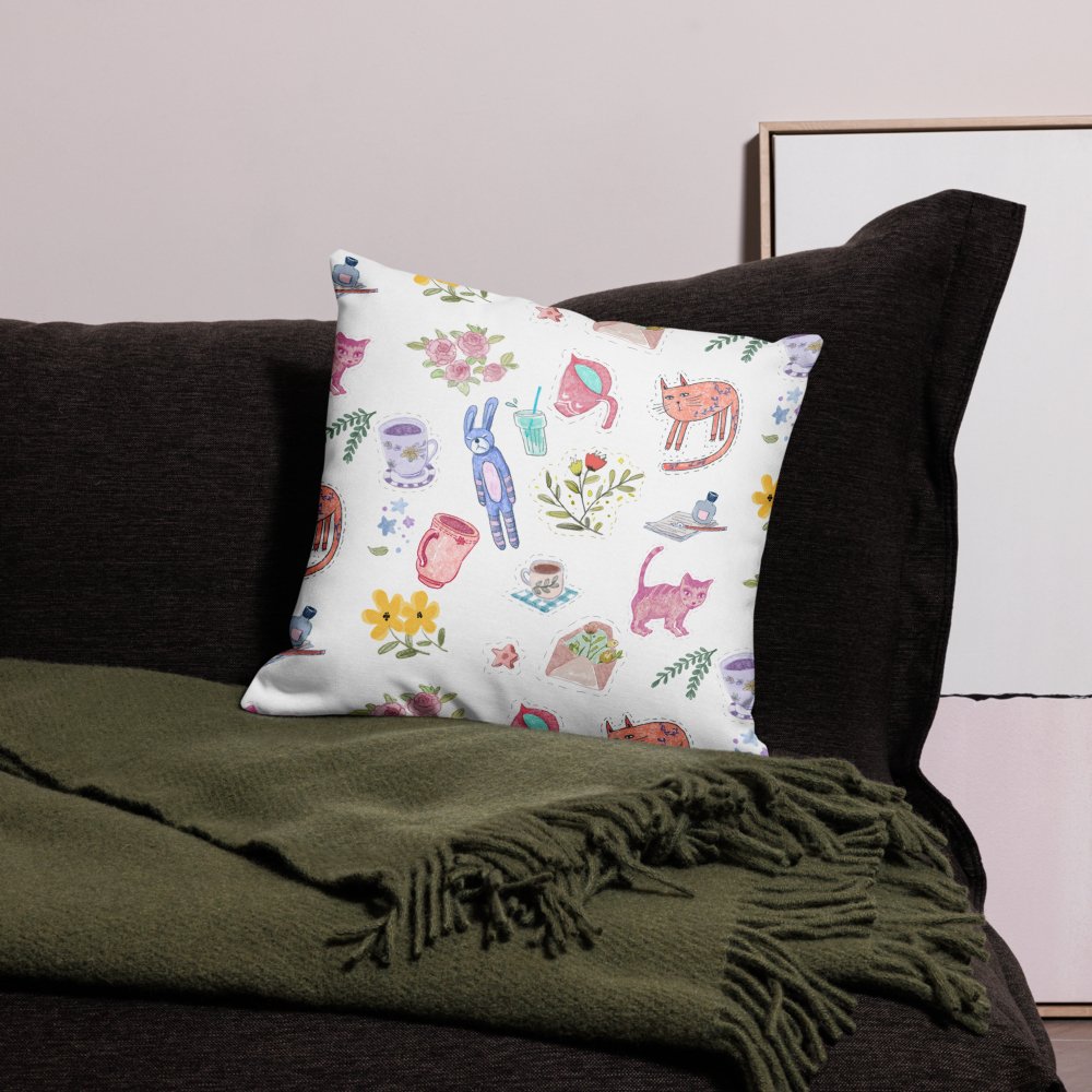 Cute Illustration White Premium Pillow, 18"x18", 20"x12", 22"x22" - PastelWhisper