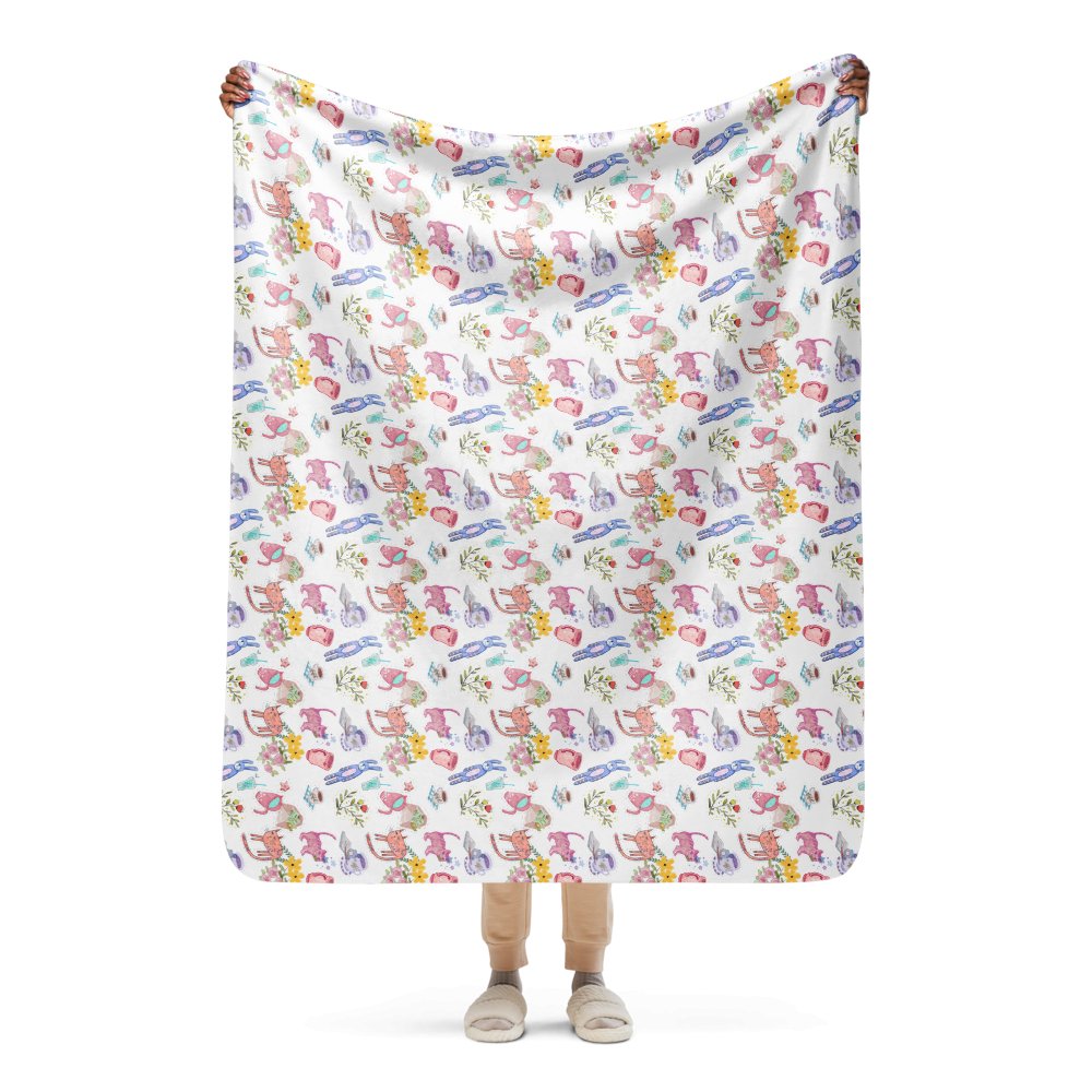 Cute illustration White Sherpa blanket, 37"x57", 50"x60", 60"x80", 3 size - PastelWhisper