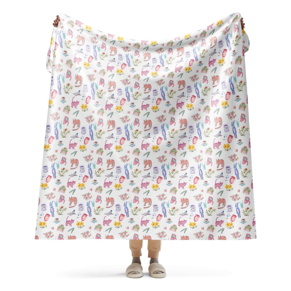 Cute illustration White Sherpa blanket, 37"x57", 50"x60", 60"x80", 3 size - PastelWhisper