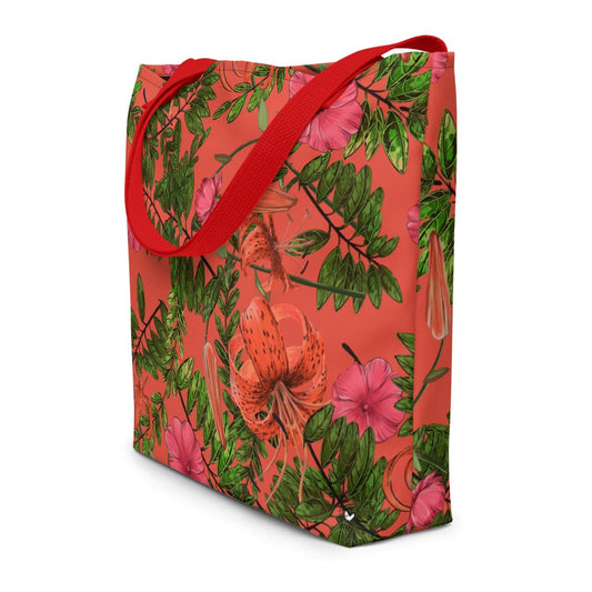 Graphic Tote Bag, LARGE, 16" x 20", Flower pattern bag, Tigerlily on Red, all over print - PastelWhisper