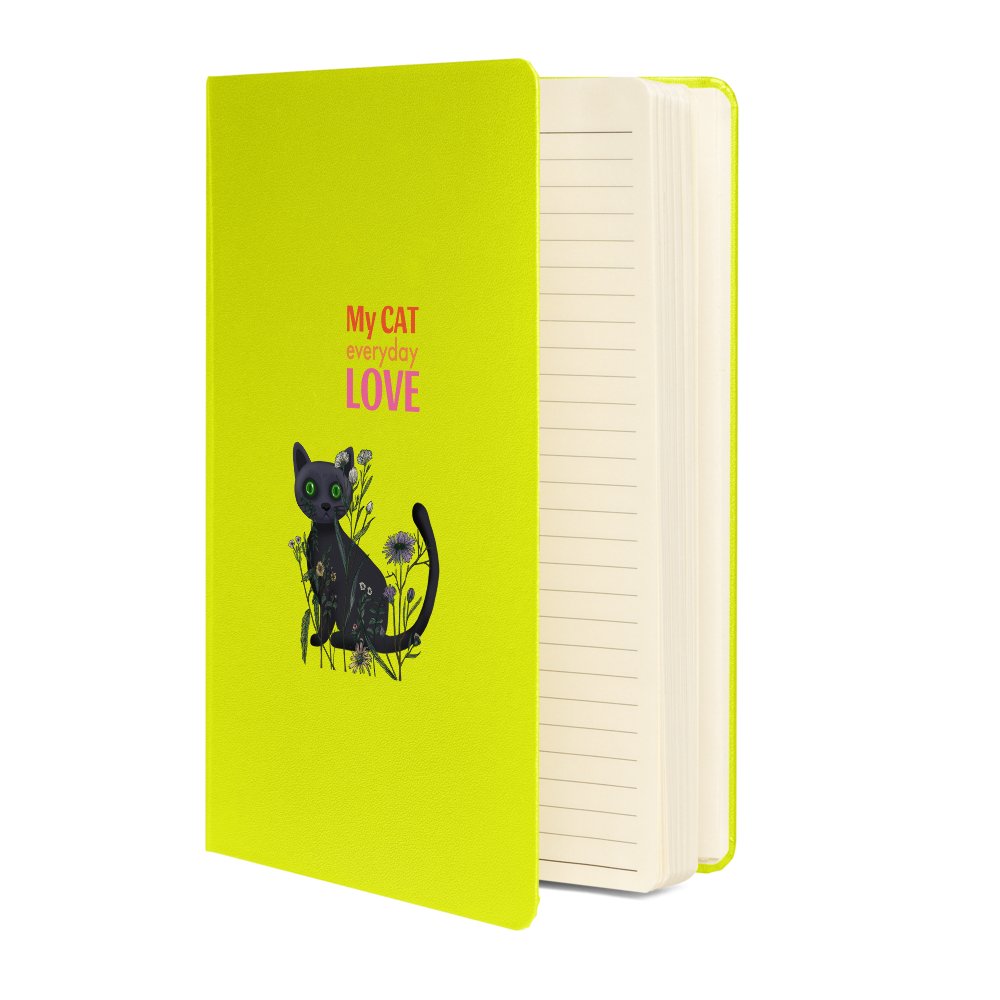 Green eyes black cat_Hardcover bound notebook, 4 colors, Personalized Text - PastelWhisper
