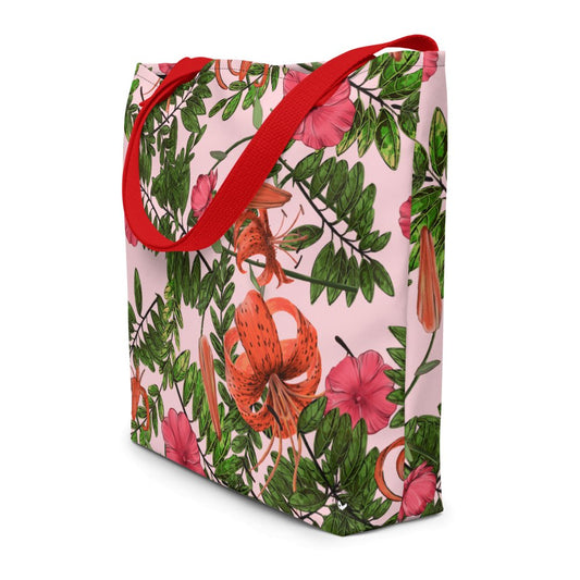 Light Pink Flower Artistic Tote, Tigerlily on Pink, All-Over Print Large, 16" X 20" - PastelWhisper