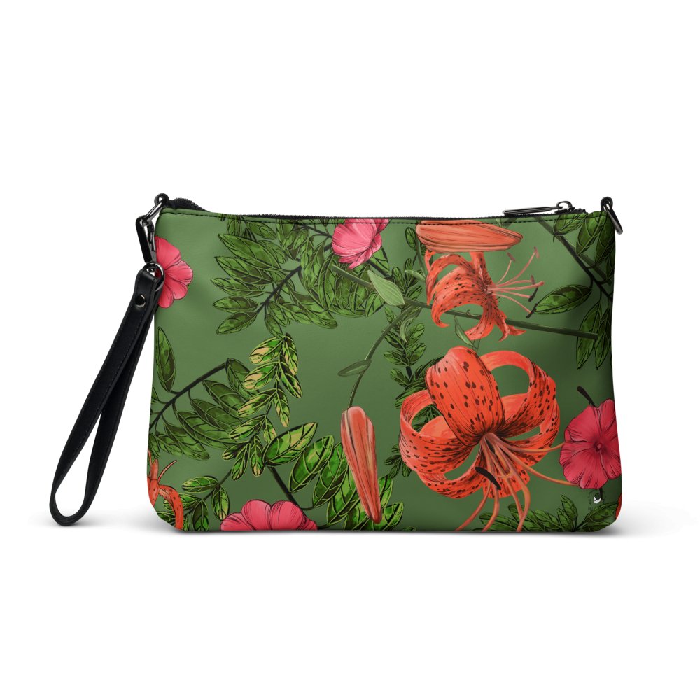 Muted Green Flower Artistic Crossbody bag, Tigerlilies on Green. - PastelWhisper