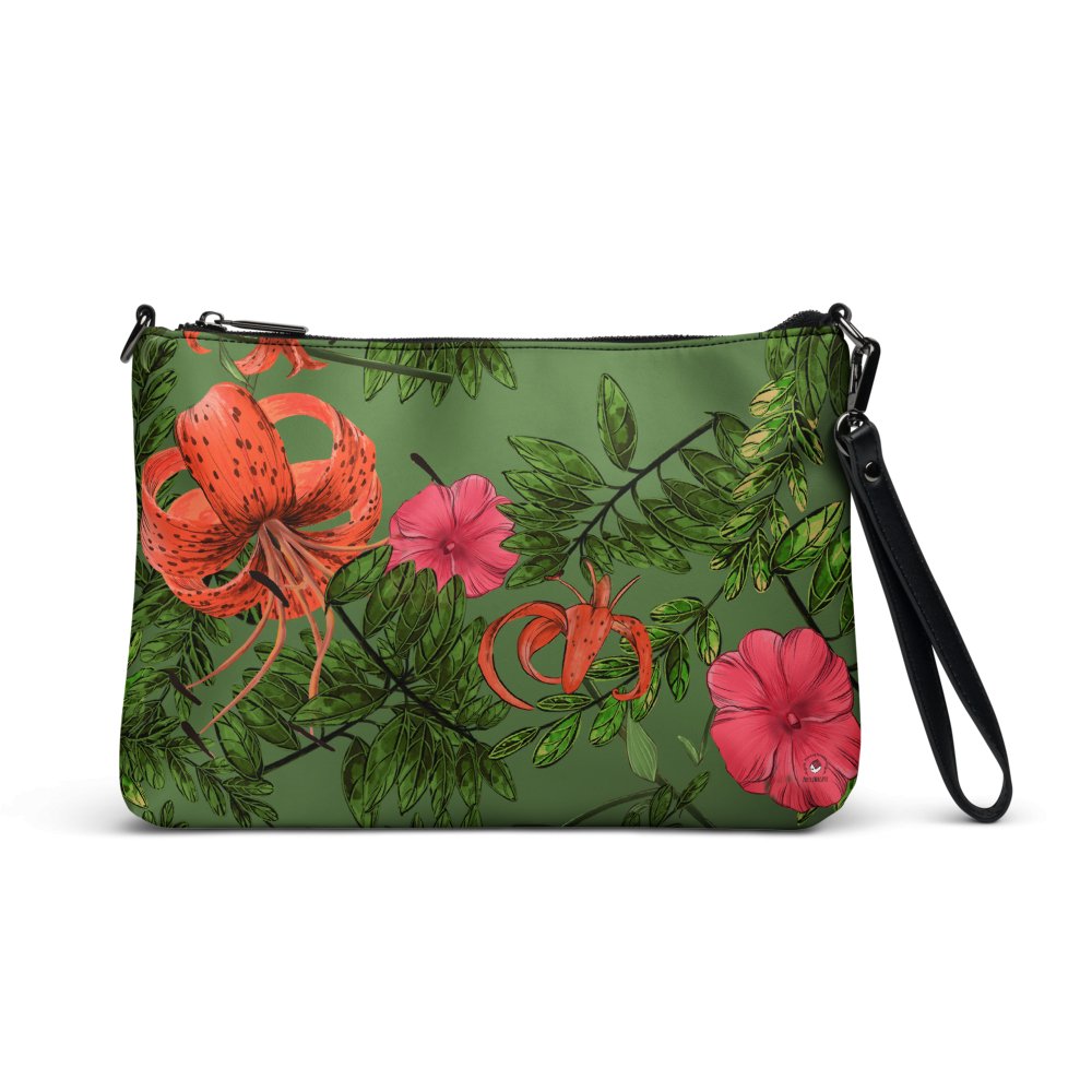 Muted Green Flower Artistic Crossbody bag, Tigerlilies on Green. - PastelWhisper