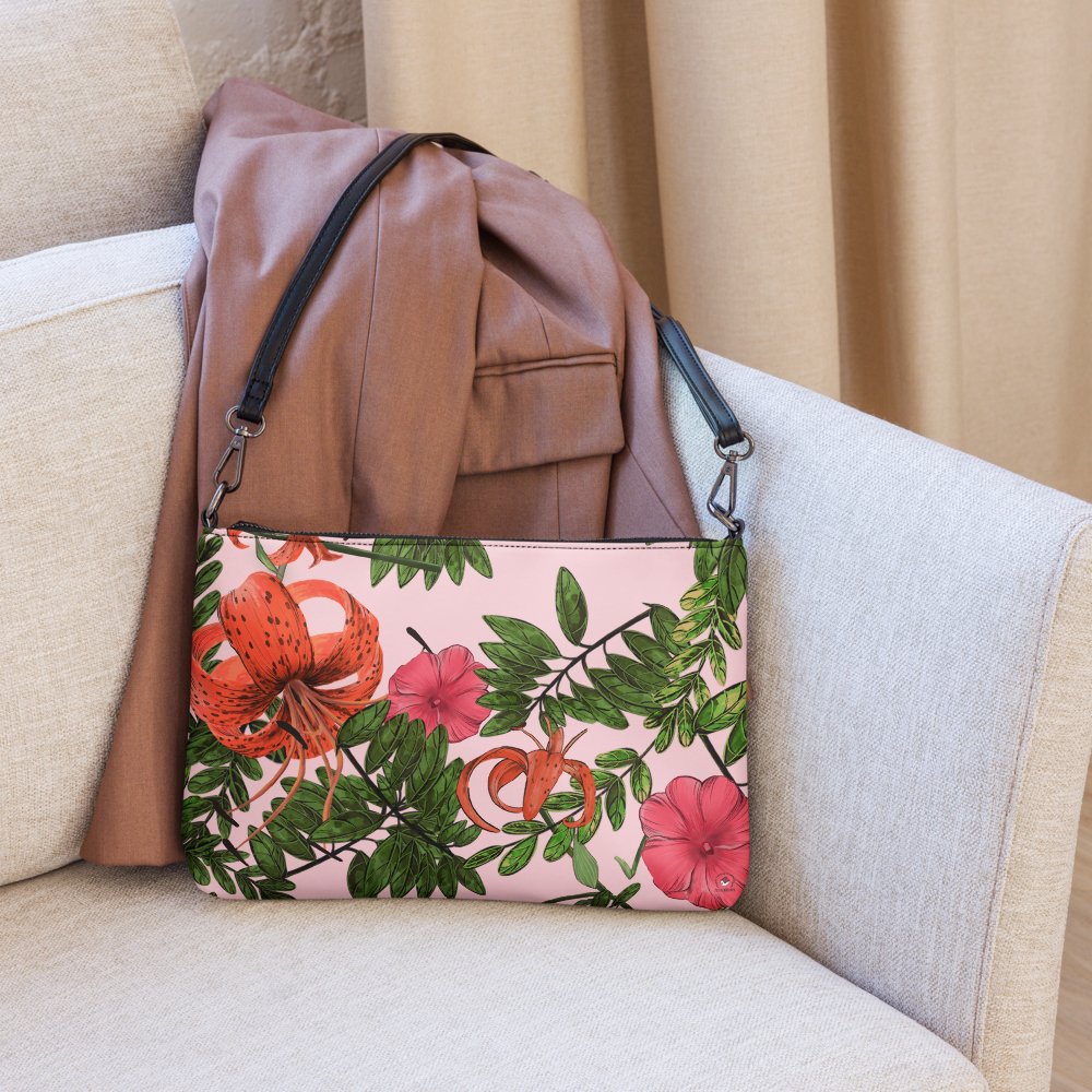 Pink Flower Artistic Crossbody Bag, Tigerlily Flower on Pink Crossbody bag - PastelWhisper