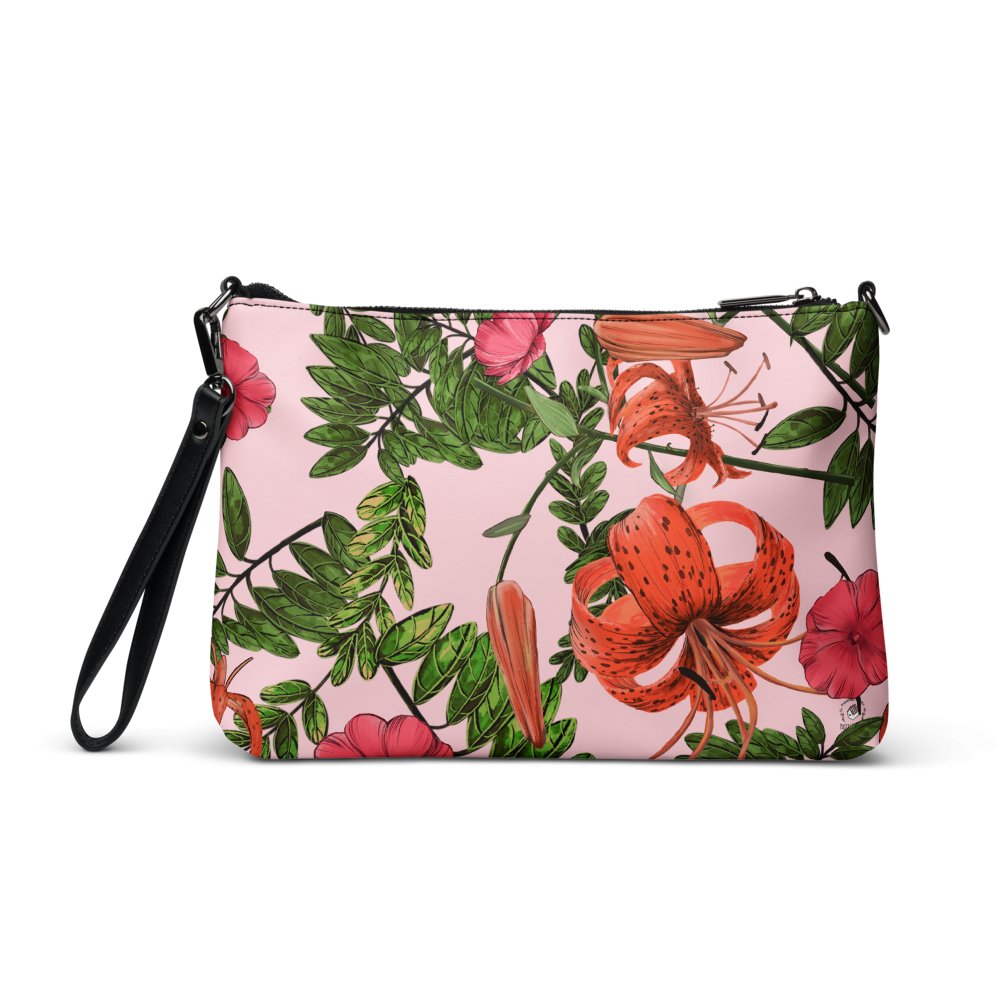 Pink Flower Artistic Crossbody Bag, Tigerlily Flower on Pink Crossbody bag - PastelWhisper