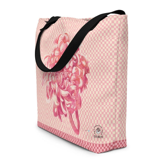 Pink Flower on Buffalo Pattern _ Large Tote Bag, 16"x20" - PastelWhisper