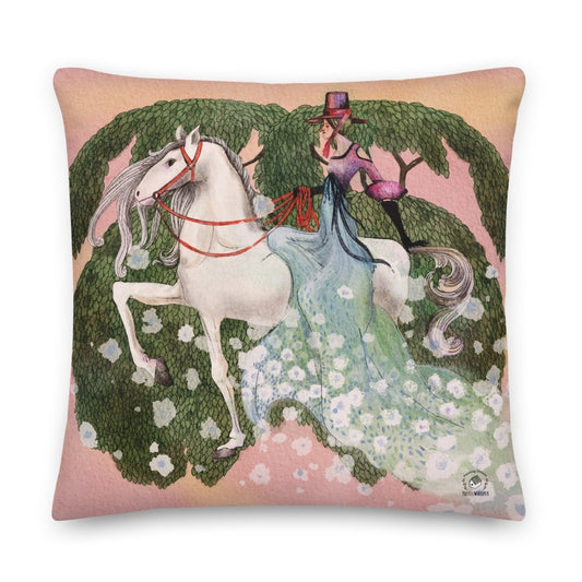 Princess and Horse Premium Pillow, Beautiful Flower Dress on Woman Square Pillow, Magical Pillow Gift, 18"x18", 20"x12", 22"x22" - PastelWhisper