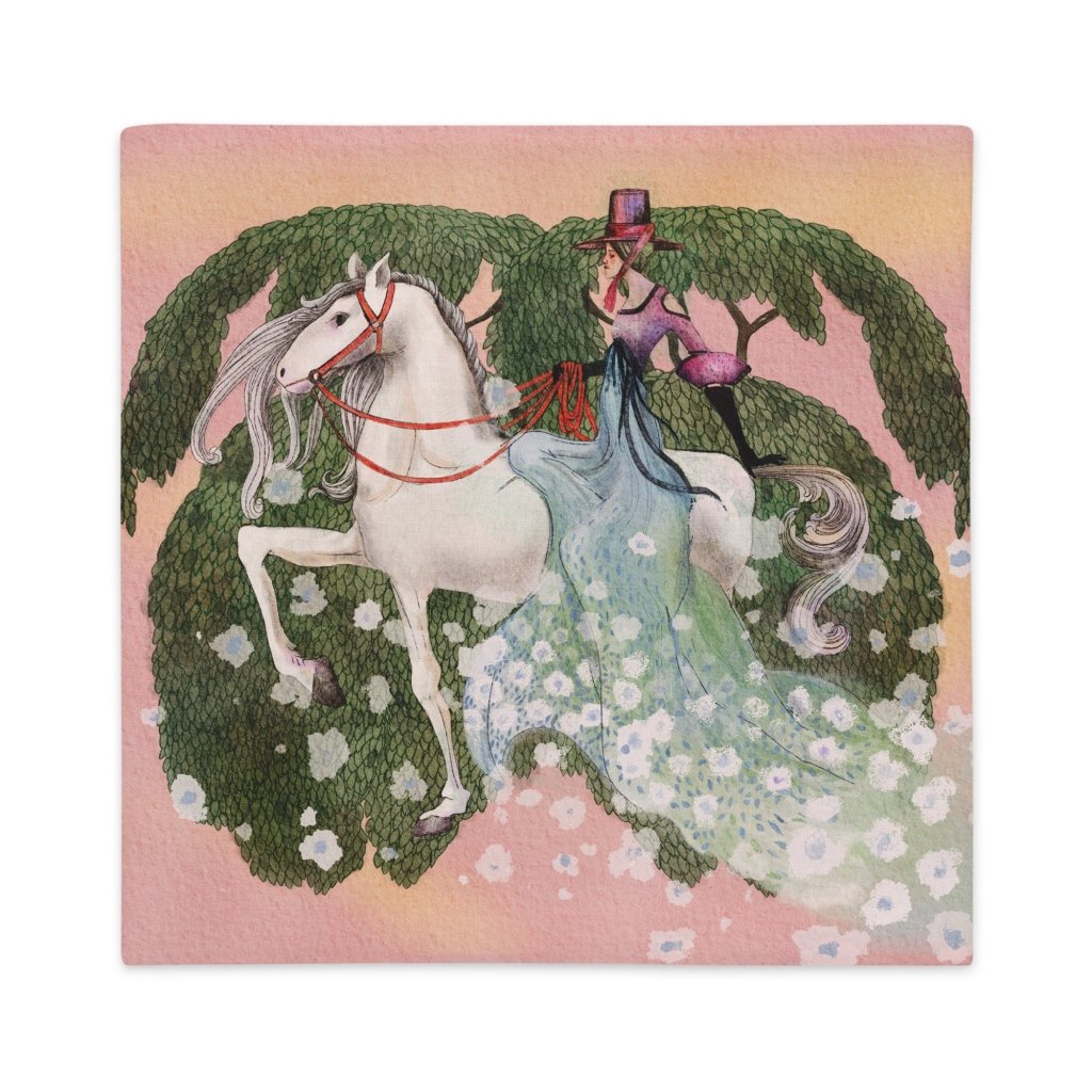 Princess and Horse Premium Pillow Case, Beautiful Flower Dress on Woman Square Pillowcase, Magical Pillow Cover Gift for Women, 18"x18", 22"x22" - PastelWhisper