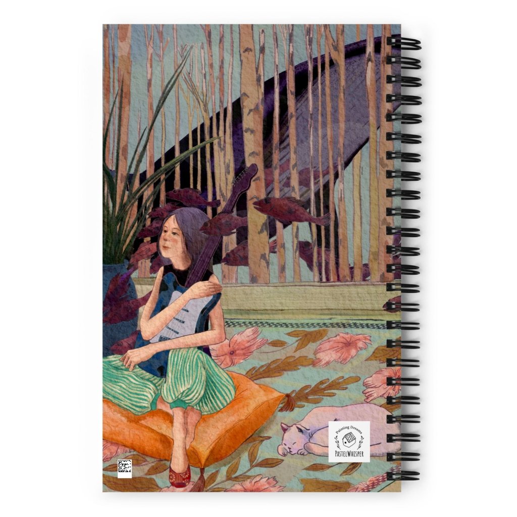 Spiral notebook, 5.5"x8.5", a girl with guitar illust, 140pages - PastelWhisper