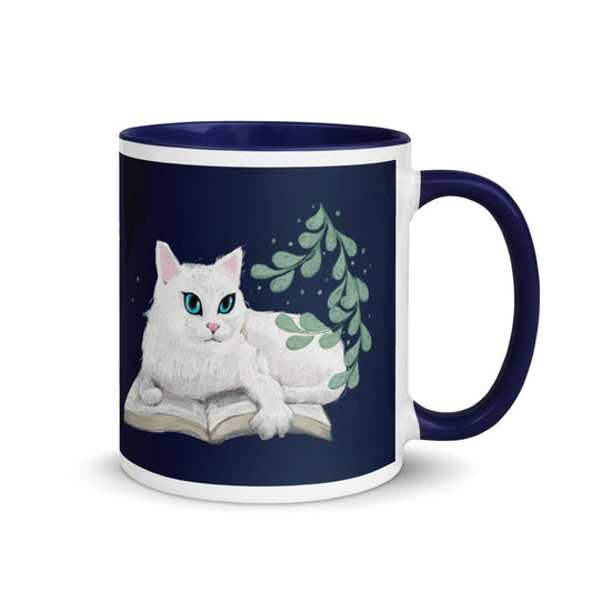 White Cat & Coffee Mug with Color Inside, 11oz, 15oz, 10 colors - PastelWhisper